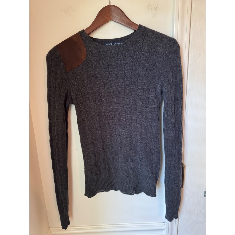 Ralph Lauren Wool Cashmere Cable Knit Sweater Suede Shoulder Patch Gray Medium